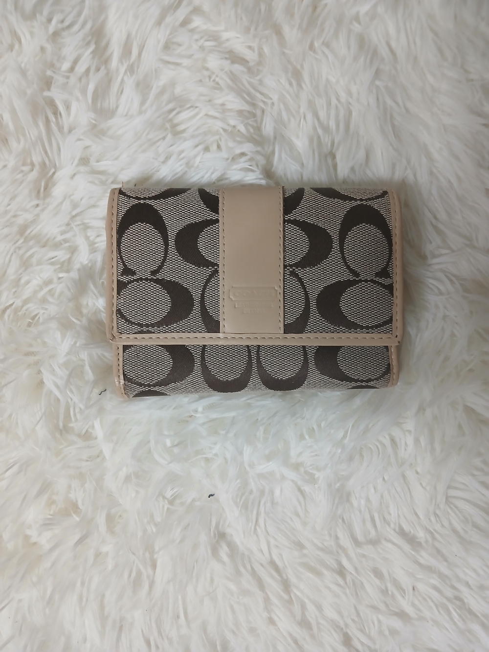 Coach Beige and Brown Signature Trifold Wallet